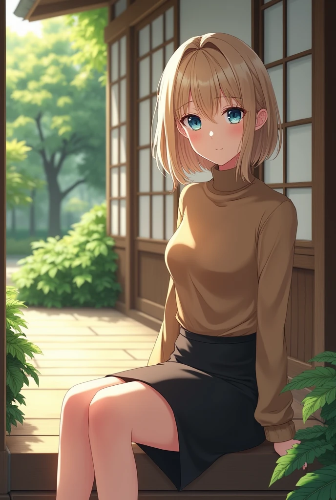 (photorealism:1.2), adult Anime woman, light blonde hair, wearing brown turtleneck sweater, wearing pencil skirt, short hairstyle, smiling, blue eyes, grown woman, sitting on the porch, japanese style home, plants in the garden