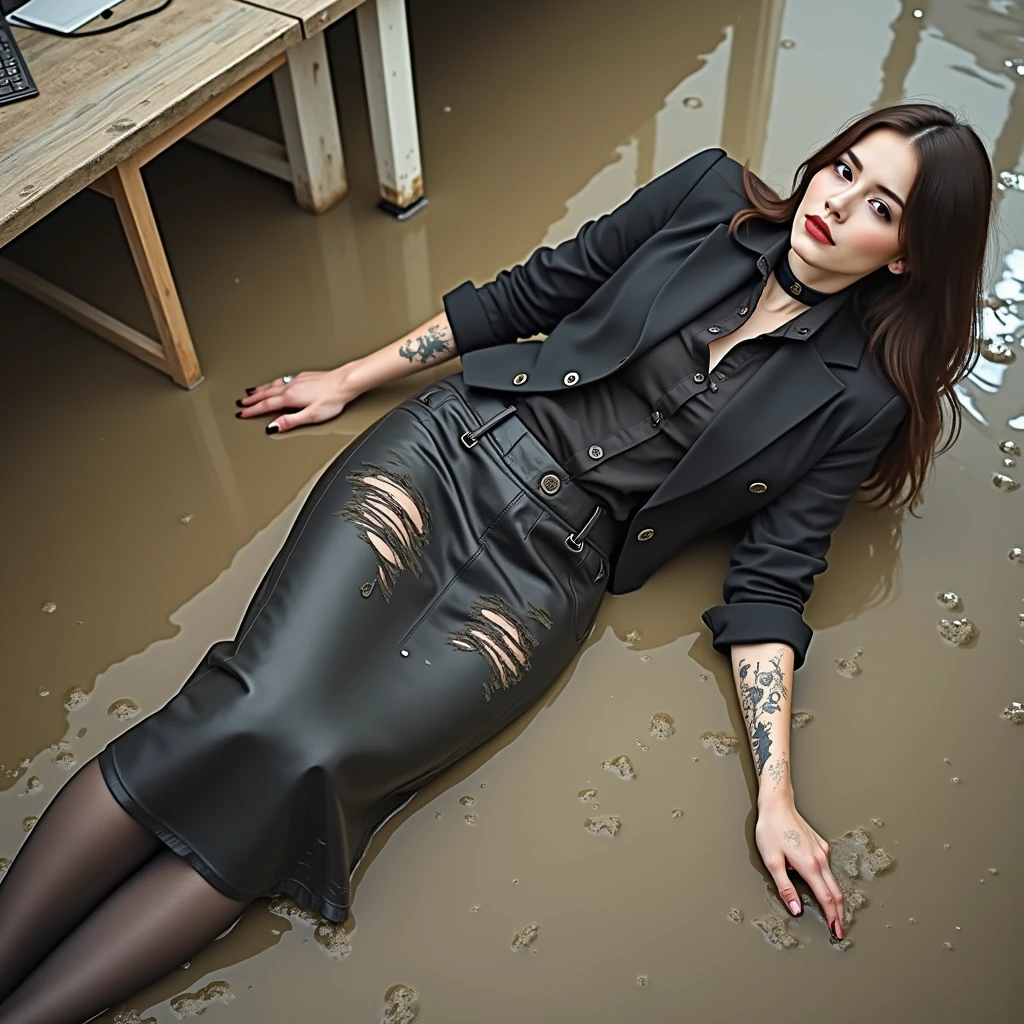 A realistic photo of one slender business goth lady, model-like appearance with long hair. She is dressed in long black business pencil skirt(very torn and very tired and very ripped) made from cotton fabric, black business jacket(torn, muddy, dirty) made from cotton and wool fabric. black business vest, white muddy shirt, stockings, black choker on the neck. She located in very muddy and very flooded office. She sitting on backs leaning on her elbows deep in dirty water and liquid mud, she smears a lot of liquid mud on her black business pencil skirt, jacket, vest, shirt, stockings, face, hair from head to toe. Her skirt and jacket extremely stained and covered with liquid mud, dirt and streaks from it, which has flows down from her jacket, shirt to her skirt, creating a messy and sloppy appearance. The light brilliantly illuminates all her clothes in details, casting small shadows and emphasizing the texture of the liquid mud on her clothes. View angle of the camera from top and rotated in different angle from the business lady.