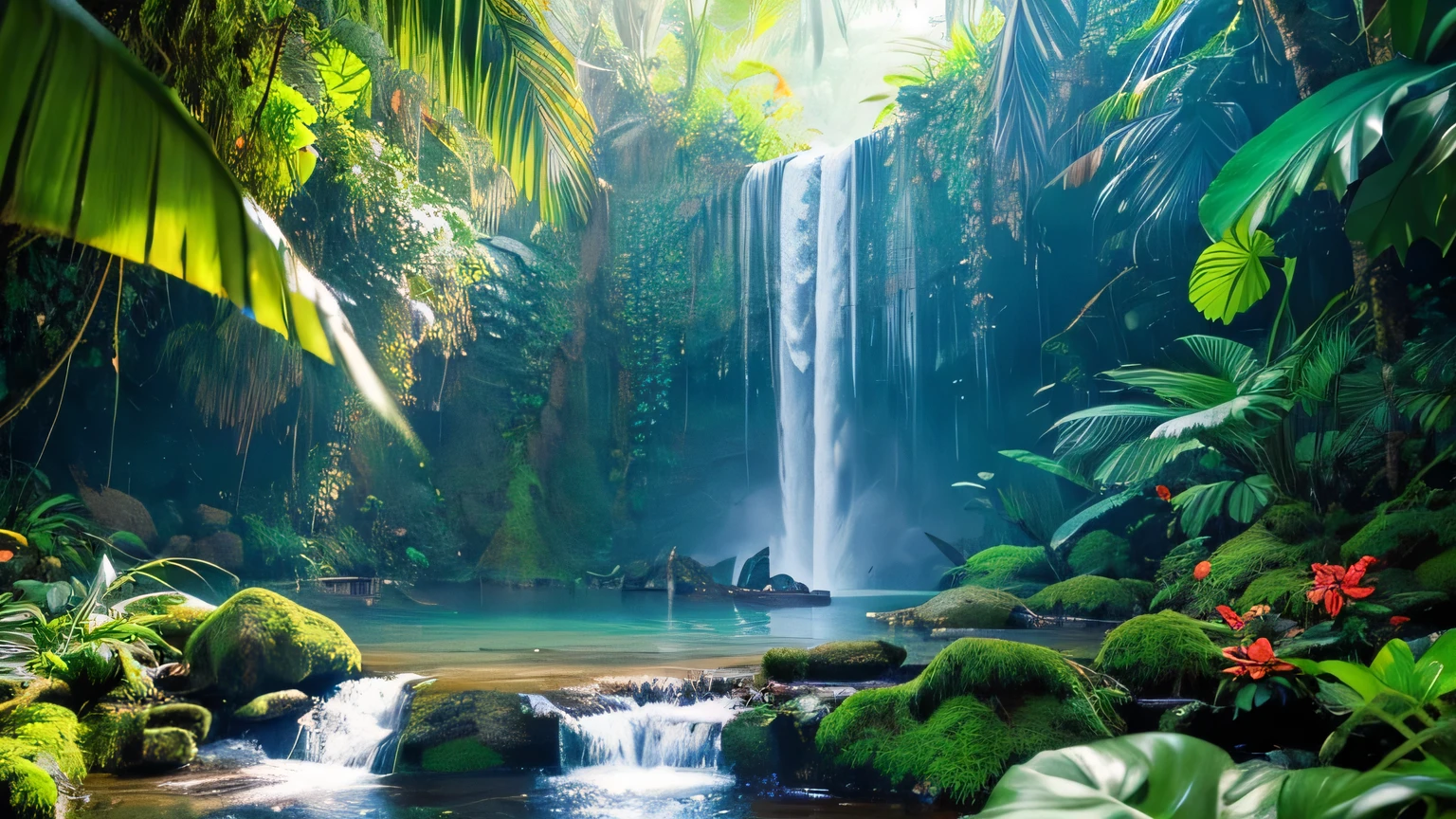 A beautiful hidden waterfall cascades silently in an unexplored corner of the Remote tropical rainforest. Tags: Remote tropical rainforest, Twin Falls, Serene atmosphere, Untouched paradise, lush greenery, Crystal clear water, Hidden Gems, Quiet beauty, A tranquil oasis, Fascinating nature, Pure wilderness, Untouched wonders. moderate: (oil painting), bright brush strokes, Delicate canvas texture, Excellent details, True art. More details: A flock of exotic, colourful birds perch on a branch., The sound of insects echoing in the air, A light mist rising from the waterfall, Bright tropical flowers decorate the landscape., Towering ancient trees surround the waterfall.. Image quality: (best quality, 4K, height), Very detailed, (realistic:1.37), HDR light, สีสันสดใสและrealistic, Meticulous attention to detail. art style: terrain, Nature Painting, realism, Natural wonders, Tropical paradise. Color palette: A harmonious blend of lush greens, Vibrant blues, and bright tropical colors. light: soft, Warm natural light filters through the dense foliage., ทำให้เกิดเงาอันอ่อนโยนบนterrain, Create an immersive and captivating atmosphere.