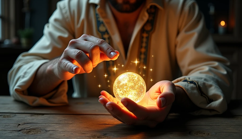 Create a hyper-realistic and mysterious image of a male hand, dressed in a linen tunic intricately embroidered with astrological symbols, holding a magical jewel that emits a soft, pulsating light. The jewel, placed on an old wooden table, projects holograms of different investment opportunities – fertile lands, gold mines, trade routes – slowly rotating in the air above it. The golden light of the jewel softly illuminates Solomon's face, who is looking at the options with an expression of strategic analysis. The scene should evoke the idea that diversification is an almost mystical strategy to ensure growth and wealth protection in an uncertain world..