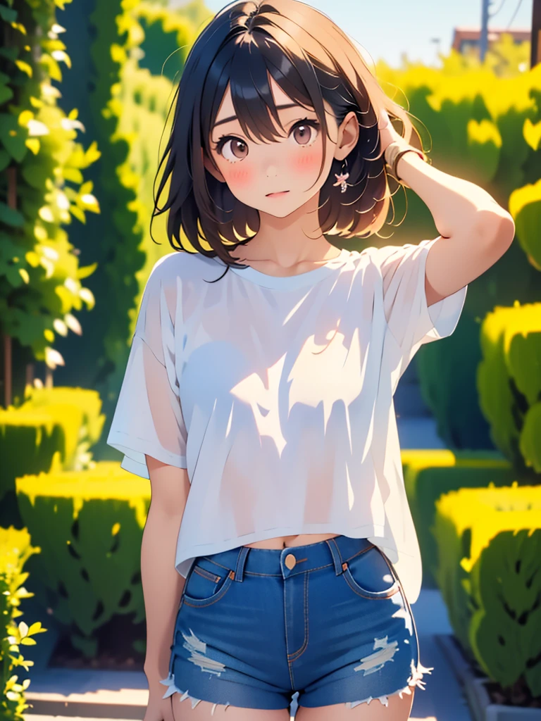 (:1.4),(Very Young Face),japanese femes idol, 1girl, (absurdres, highres, ultra detailed, high resolution: 1.1) BREAK 1 girl, solo, medium breasts, shy, BREAK brown hair, medium hair, hair between eyes, brown eyes, BREAK T-shirt, denim miniskirt, white or pale pink or pale blue panties, BREAK pantydrop, standing, arm up, pussy, pussy line, BREAK nice hands, perfect hands,