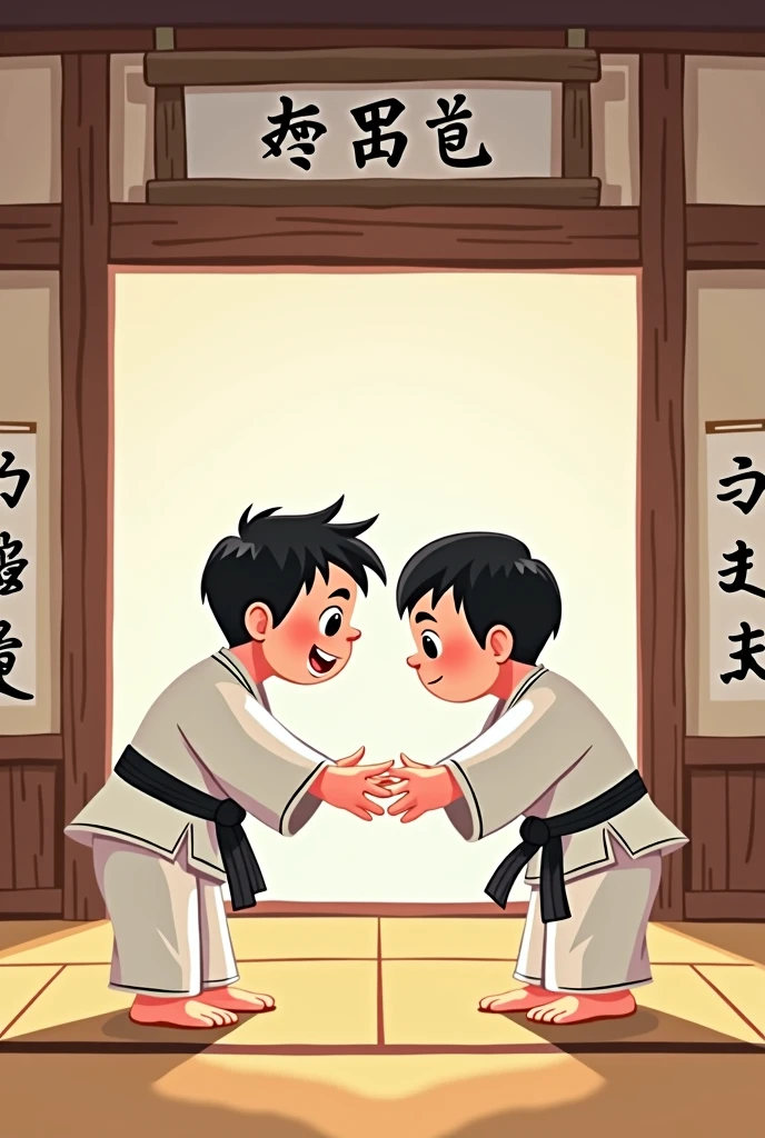Simple cartoon style illustration of martial artists giving each other a Japanese greeting in a dojo