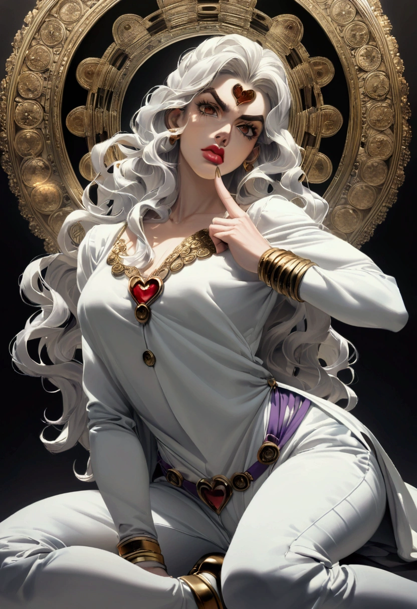 jojo's young woman, brow wavy hair, brown eyes, mixed facial features, mixed race, bulbous nose, black and white clothes, full body, artist attire, modern the pose should be dynamic and confident, capturing the dramatic essence of JoJo's Bizarre Adventure.