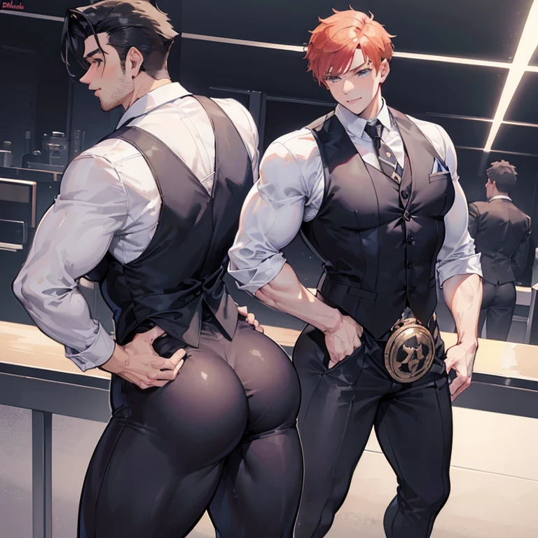 One Man, muscular, jocks, athletic, ginger, wearing suit vest clothes, big butt, huge ass, comically massive ass, bubblebutt, thick, thicc, thick ass, thick legs, thick thighs, huge butt cheeks, ass huge, showing butt to camera, smiling, looking back at camera, big booty, man booty, men with huge butts, men in suit vest clothes, showing off ass, absolutely massive butt, enormous ass cheeks in suit vest pants, full ass, wide ass, round ass, tight suit vest pants, abnormally huge butt, unrealistically massive ass, Giant butt cheeks, giant butt, giant ass, dark dress pants, button down shirt, men, bodyguard, suit vest black, gay, fight some thiefs, suit vest black, night, naked, alone, shift night, man or boy, no girls