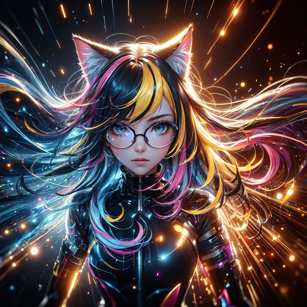 ((8k, best quality, masterpiece, extremely detailed, Rule of thirds)), (((light play, shadow play))), ((abstract background)), ((provocative)), ((glamour photography)), ((cinematic, film grain)), ((anime aesthetic)), ((comic-style)), ((soft light passing through hair)), ((colorful, frenzied)), reflection, shiny, ((1girl, multi-color hair, flowing hair, holographic, wind-blown)), black long hair, yellow hair tail, black and yellow Hair, wear round glasses, A pair of cat ears on the head