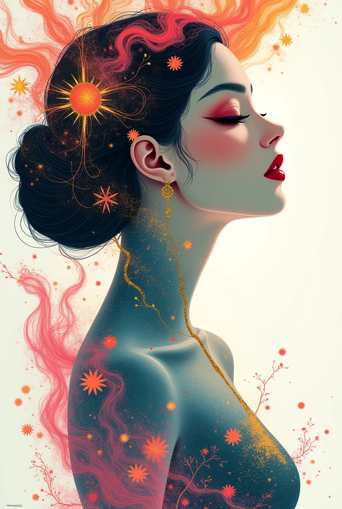 (White background:1.4),(Isabella Rosalini), head silhouette, Eyes closed, Long colored hair, Oriental elements),(Chinese illustration:1.3,Paper Art:1.3, キルティングPaper Art:1.2),( Streamlined Design, Clear lines, High sharpness,Better Quality, Very detailed, Master Parts, Film Light Effect, 4K ) Illustration design, porcelain doll skin, beautiful detailed eyes, beautiful detailed lips, extremely detailed gold eyes and face, long eyelashes, upper body, from side, looking at viewer, (fractal art:1.3), (pink hair:1.2), water, liquid, cloud, colorful, starry, stars, (best quality, 4k, 8k, highres, masterpiece:1.2), ultra-detailed, (realistic, photorealistic, photo-realistic:1.37), vibrant colors, studio lighting, extremely detailed description, professional, concept art, surreal, 1920s french vibe, monochromatic gold and pink palette, in the style of french illustrator moebius, gold elements,
