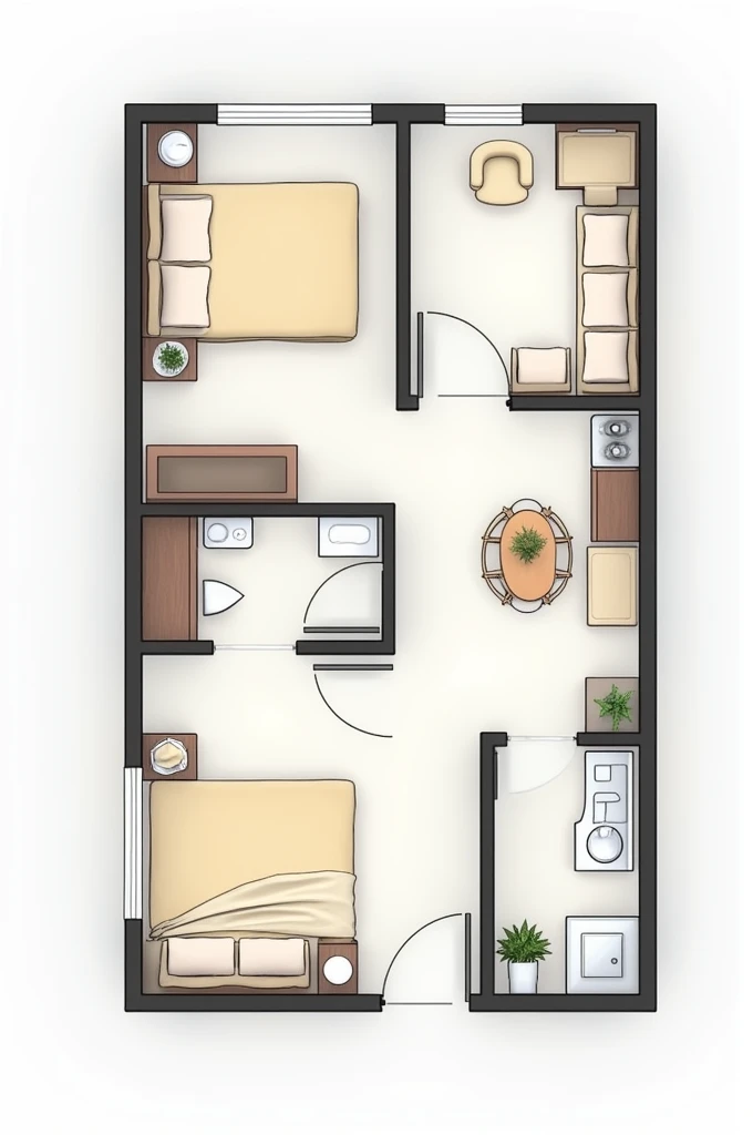 Create a floor plan for a two bedroom house for me, a room, a bathroom and a kitchen