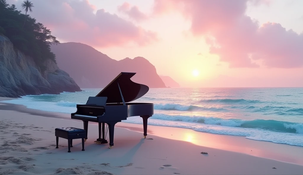 'Create a peaceful beach scene at dusk. The sky should be filled with soft clouds of pastel pinks and purples, casting a gentle light on the ocean. The waves are calm and clear turquoise seawater is lapping the beach. In the distance, cliffs add depth to the landscape. The overall ambiance is serene and the light is warm and inviting, capturing the beauty of a perfect sunset by the sea.” A large black grand piano sits on the beach
Translated with DeepL.com (free version)