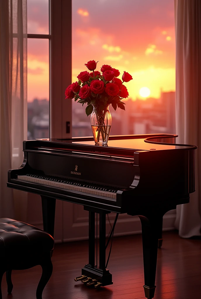 Piano with a vase of roses on top in a sunset