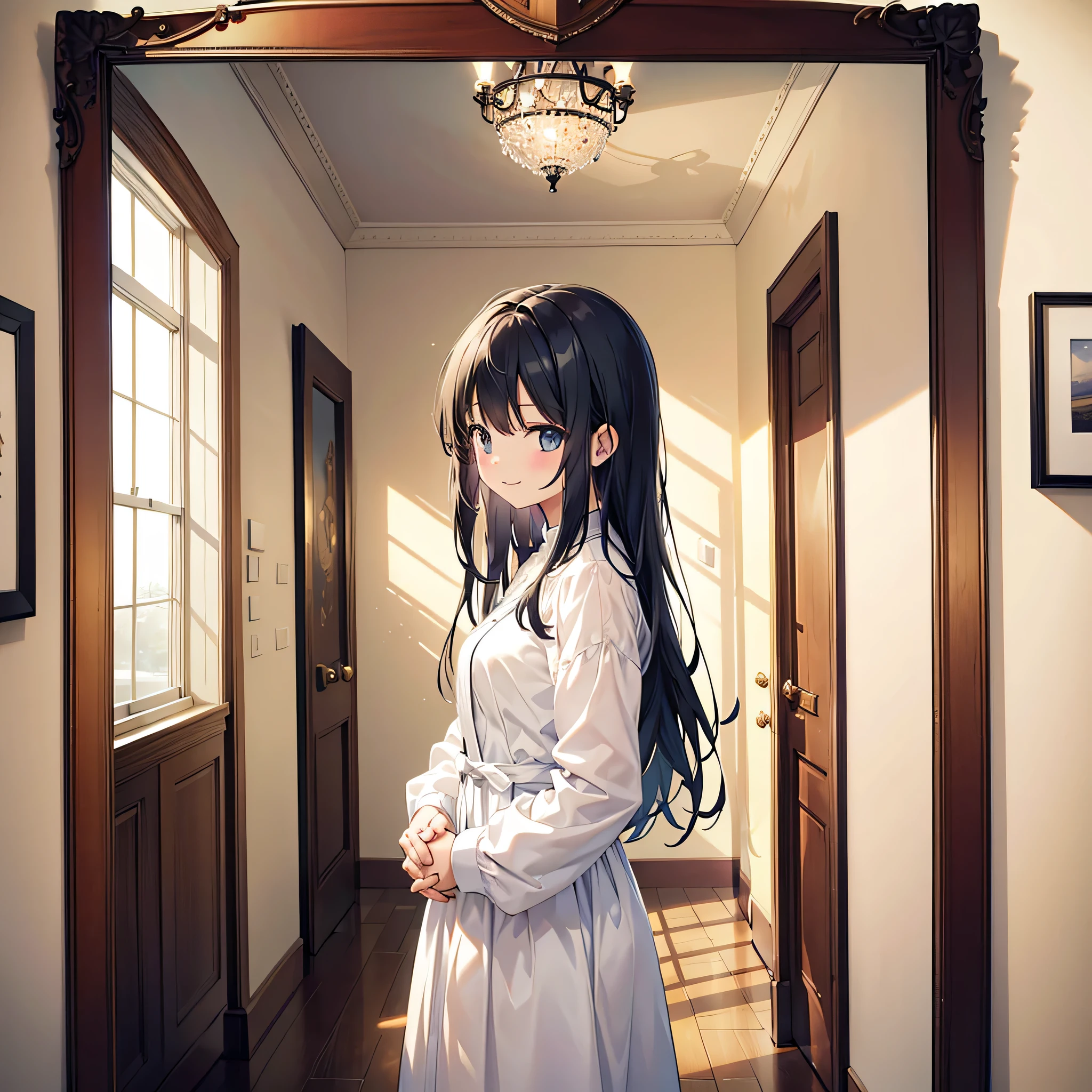 A large room with no entrance、A girl is standing in a picture frame at a distance、Hands clasped behind back、smile、A lot of empty picture frames、The Universe Behind the Frame、There are no windows in the room.、Picture frames on the wall、There is no picture in the frame