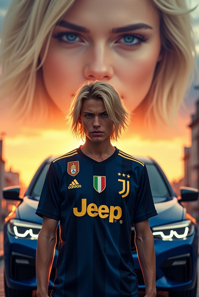 Rebellious blonde with a dark blue Juventus jersey with the golden symbol in front of a BMW where it shows a lot of the street and the sky for a more realistic small face wallpaper and the most recent BMW woman&#39;s face sky with sunset
