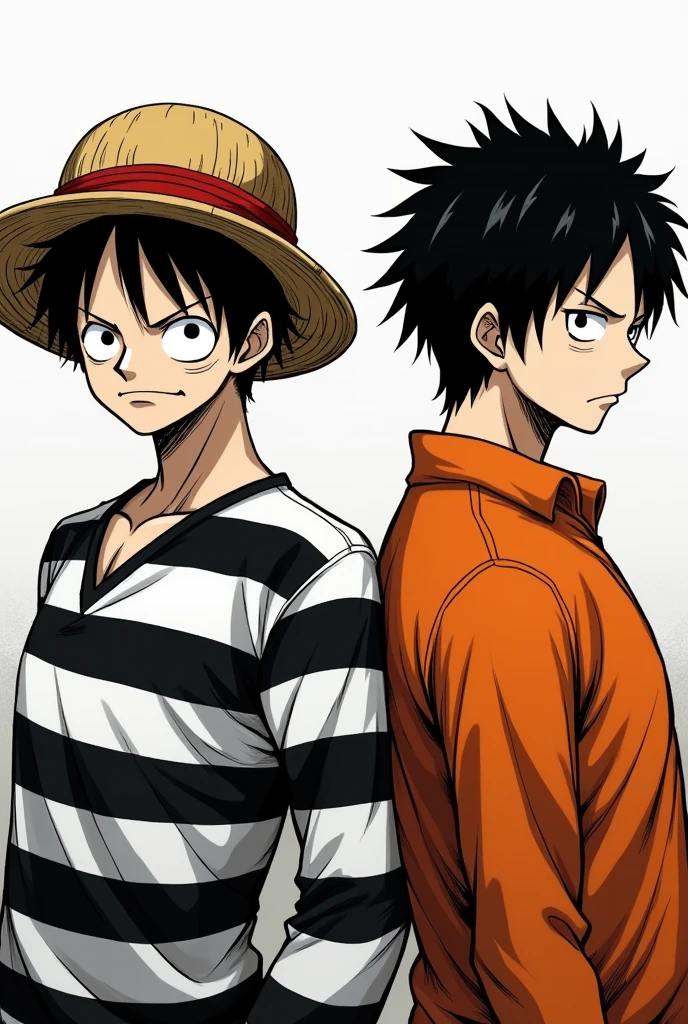 Monkey D. Luffy in a black and white striped long-sleeved prison uniform and Monkey D. .... Luffy in orange long sleeve prison uniform Original anime One Piece