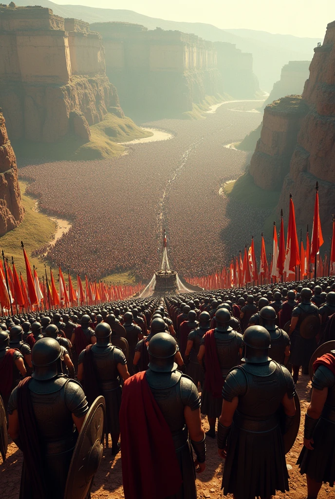 Battle of Thermopylae, the angle from above, should cover a large area, show Spartan soldiers on one side and thousands of Persian soldiers on the other, the soldiers should be wearing black armor