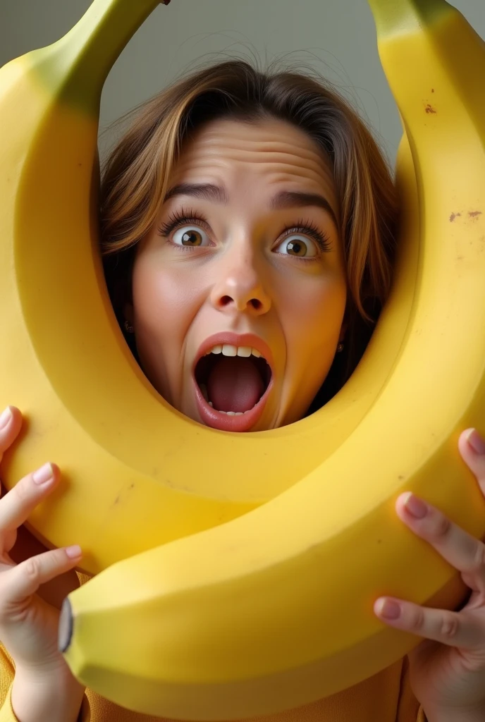 visibly surprised and delighted woman, holding a huge banana with one hand. Your eyes are wide open, expresses a mixture of shock and admiration, while holding the banana close to his face. His hands rest gently on the banana, and his mouth is half open, to his expression of surprise. The scene captures the moment, in which she discovers the presence of the giant banana and reacts to it, Radiating fascination and admiration