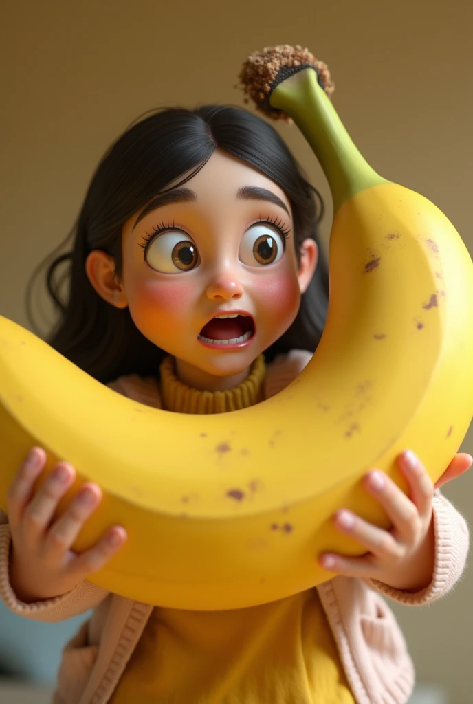 A hyper-detailed 3D render of an anthropomorphic banana with the facial features and limbs of a cartoon character, with the skin at the bottom end peeled revealing the inside of the bottom end banana white confidently laugh, in a dramatic and expressive style, with a V-Ray rendering. add a large peach with a slit in it standing with the banana. the peach has a wore out look on it's female cartoon facial features. the peach has banana pudding on it's face eating pudding.