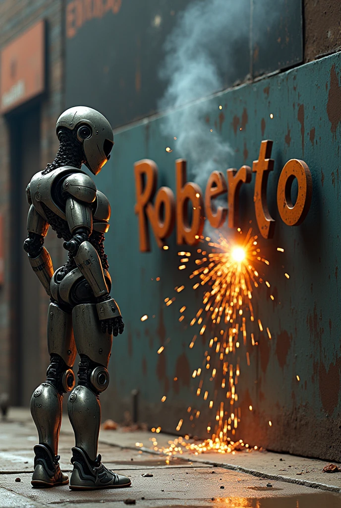 A robot watching and a locksmith welding the name of Roberto, the name that is made of iron and that the weather is daytime and the background is random but that it is seen from another angle does not make the angle look straight