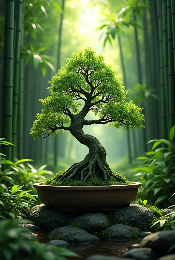 Realistic logo with the image of a bonsai in the middle of a very realistic bamboo forest with the name bamboo cakes