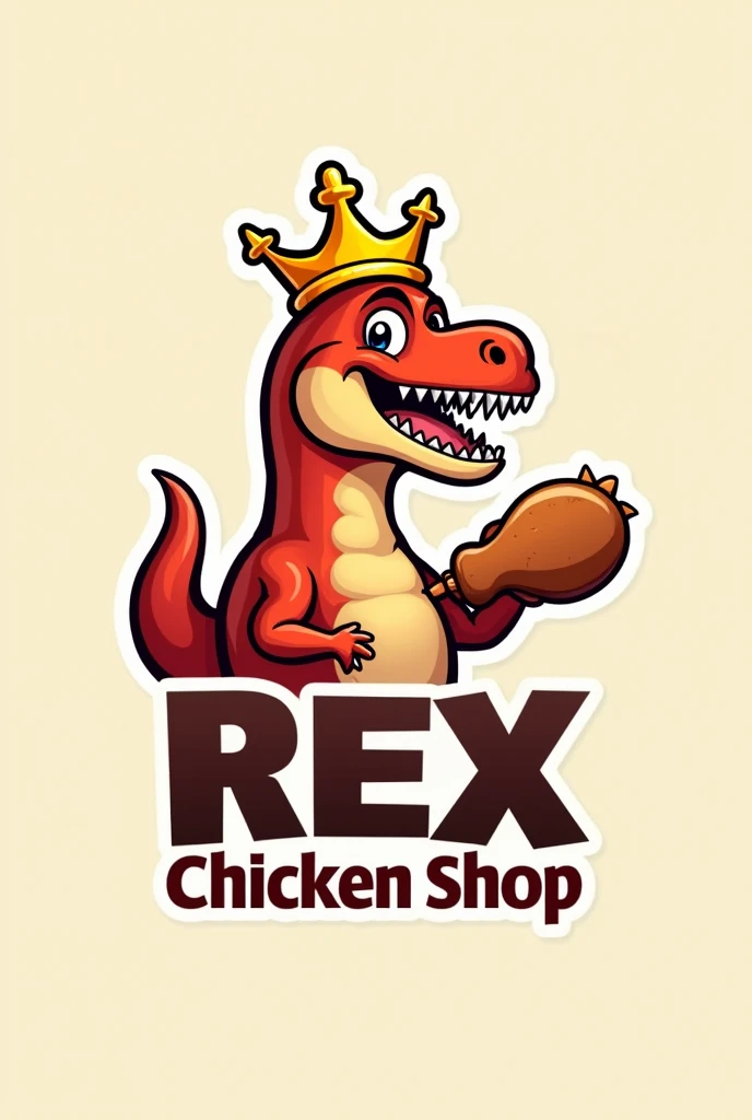 Create me a logo for a chicken shop with the name Rex chicken shop as a representative of this a Rex dinosaur wearing a crown as king of the best chickens while eating a large chicken leg, make it simpler the annumation, We are just starting with something small