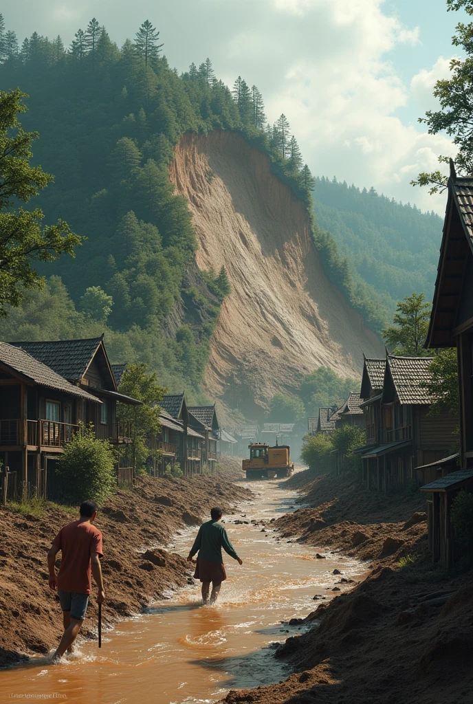 Picture a town located at the foot of a hill that has been eroded by deforestation. At the top, the hill shows a landslide that destroyed the houses below it. Around the hill, put an image of a bulldozer cutting down trees, trees that have been cut down, and barren land. At the bottom, add the image of muddy water flowing from the hills to the city, cause flooding. The image of helpless humans in the face of this disaster can be shown in a state of panic or trying to save themselves and their property.