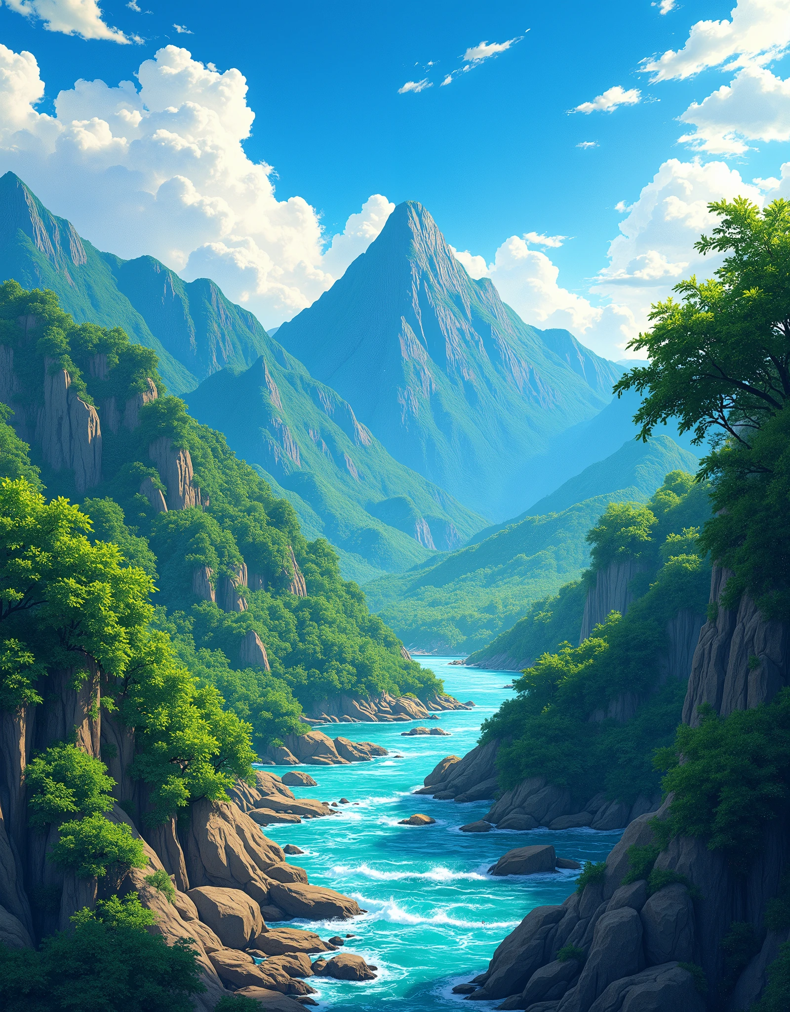 A vibrant anime-style poster featuring a dynamic background composed of bright, lively tones that blend harmoniously into a colorful depiction of Venezuelan landscapes. The background showcases the lush greenery of Venezuelan forests, the majestic mountains, and the serene rivers, all rendered in rich, vivid colors that evoke the beauty and diversity of the region. The overall composition is carefully balanced, creating a captivating and aesthetically pleasing anime-inspired artwork that draws the viewer in with its rich details and bold colors.