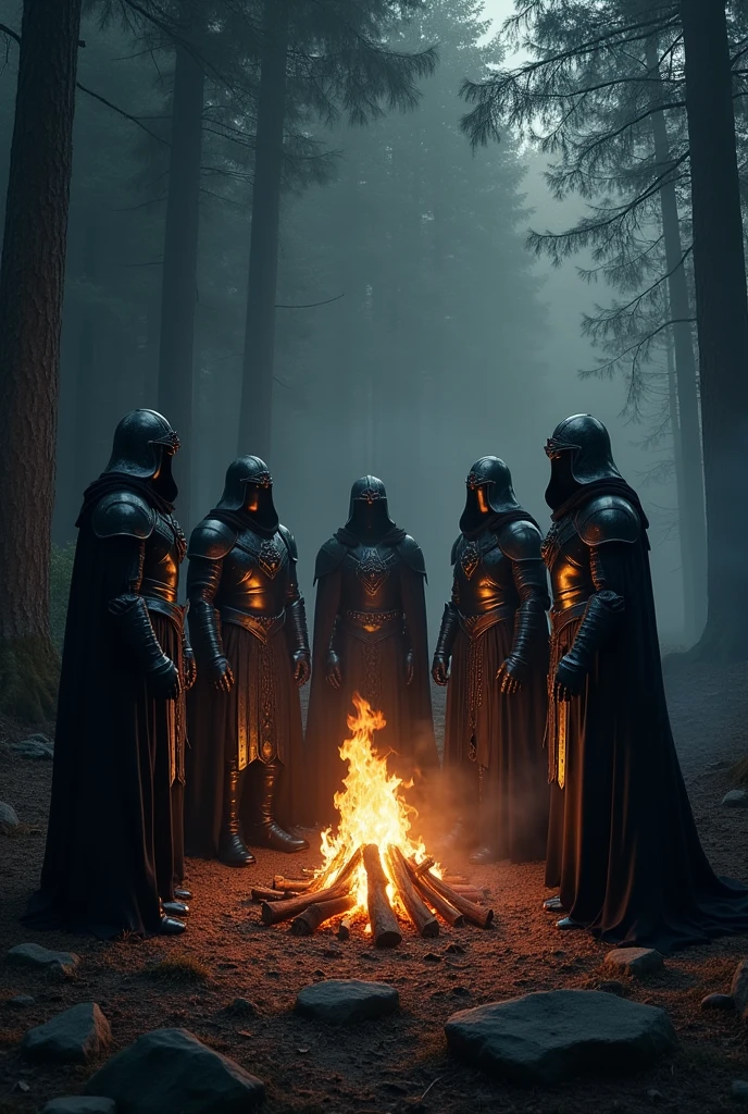 Six people in black armor talking around a campfire in the woods