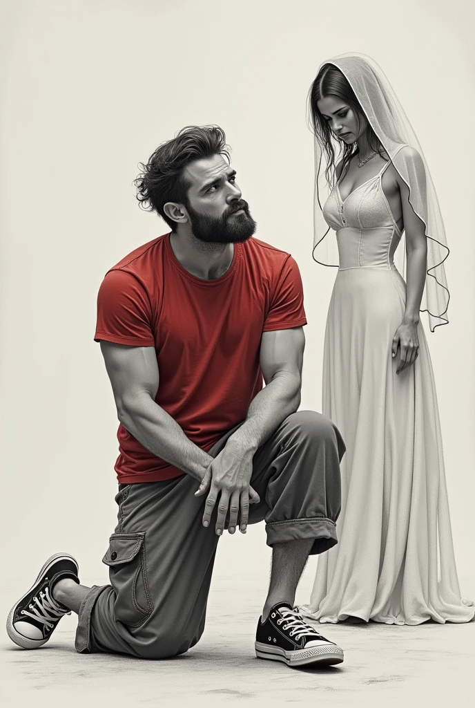 Muscular man wearing a shirt with long shorts Long loose shorts With pockets on the sides with converse sneakers red T-shirt and brown shorts Long short, Normal musculature With beard and baseball cap Realistic musculature Pencil drawn in a defeated pose on his knees and a ghost woman in a wedding dress looks sad