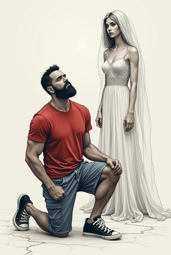Muscular man wearing a shirt with long shorts Long loose shorts With pockets on the sides with converse sneakers red T-shirt and brown shorts Long short, Normal musculature With beard and baseball cap Realistic musculature Pencil drawn in a defeated pose on his knees and a ghost woman in a wedding dress looks sad