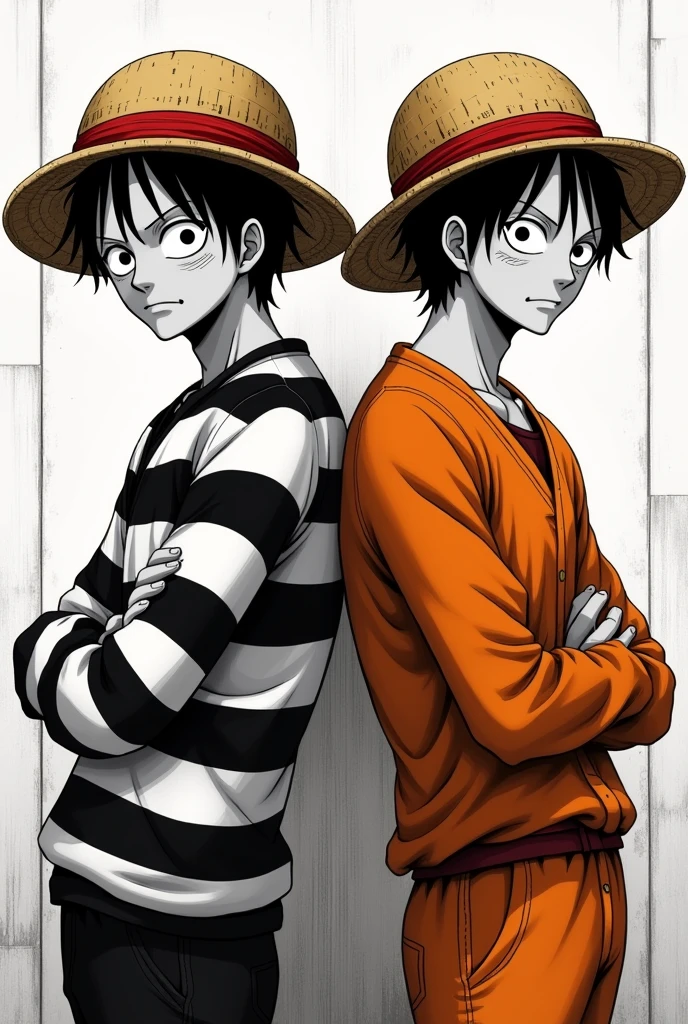 Monkey D. Luffy in a black and white striped long-sleeved prison uniform and Monkey D. .... Luffy in orange long sleeve prison uniform Original anime One Piece