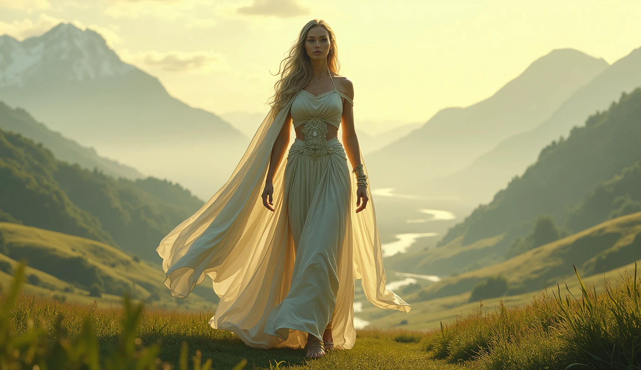 Giant woman walking in the middle of the valley