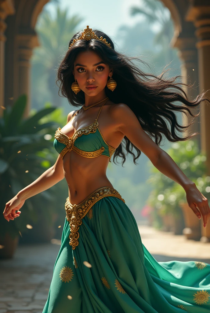 Stunning Princess Jasmine, photo in 8k, in action, cinematic.