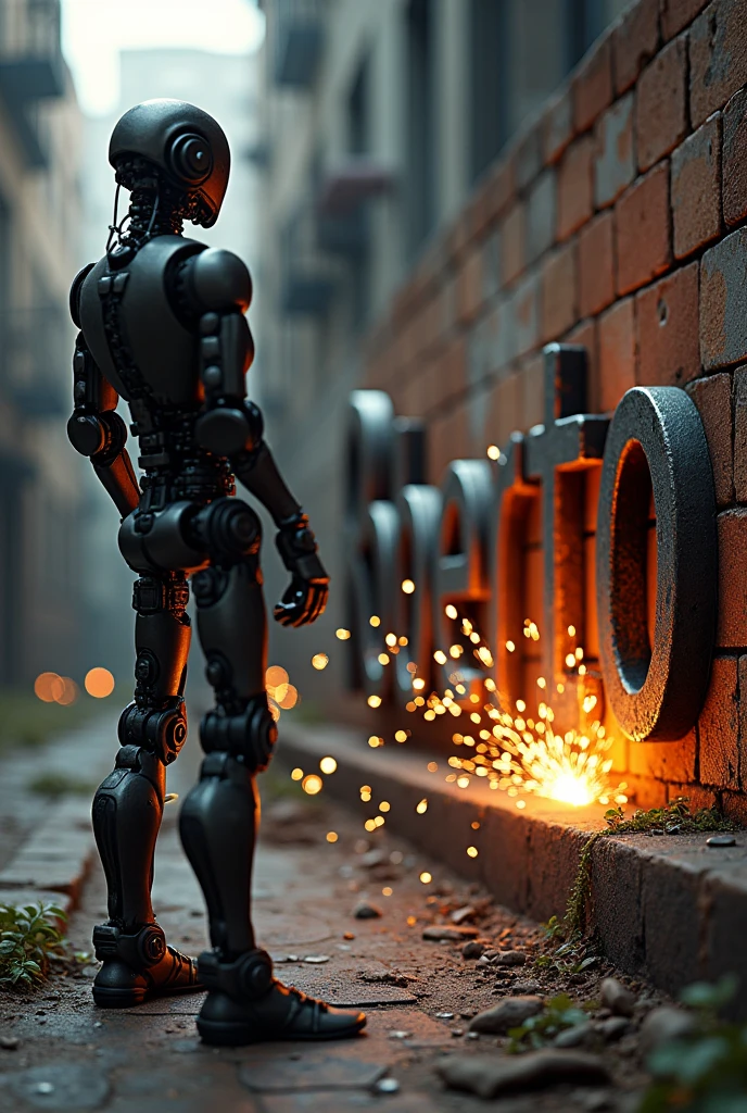 A robot watching and a locksmith welding the name of Roberto, the name that is made of iron and that the weather is daytime and the background is random but that it is seen from another angle does not make the angle look straight
