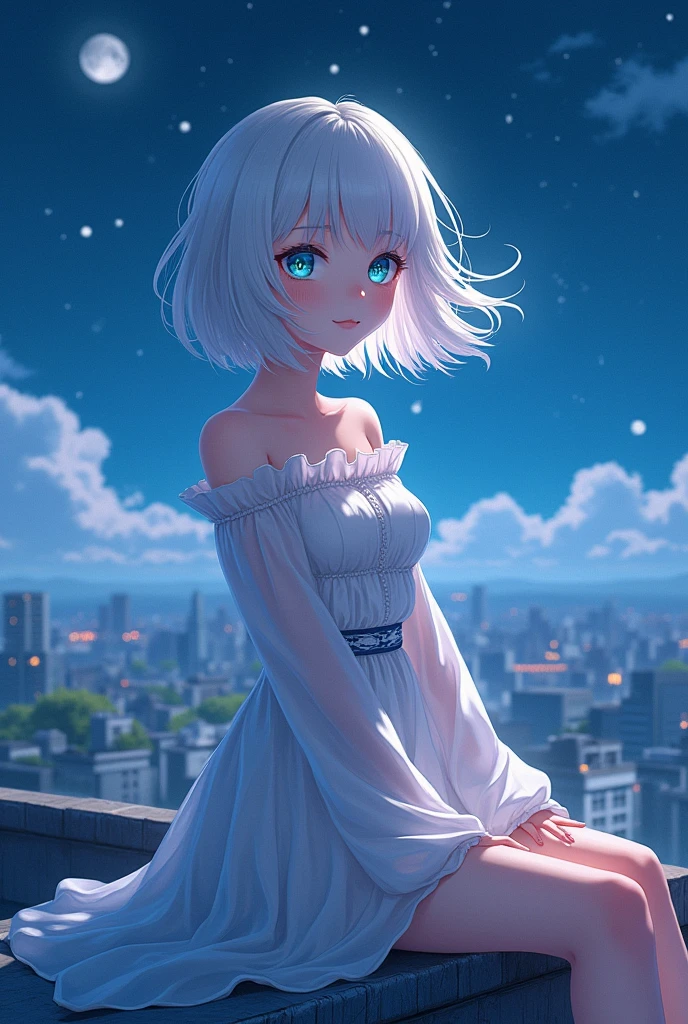 anime style, young adult woman, with one blue eye and one green eye, short white hair.
Sitting on a roof at night.
The most beautiful thing in the world.