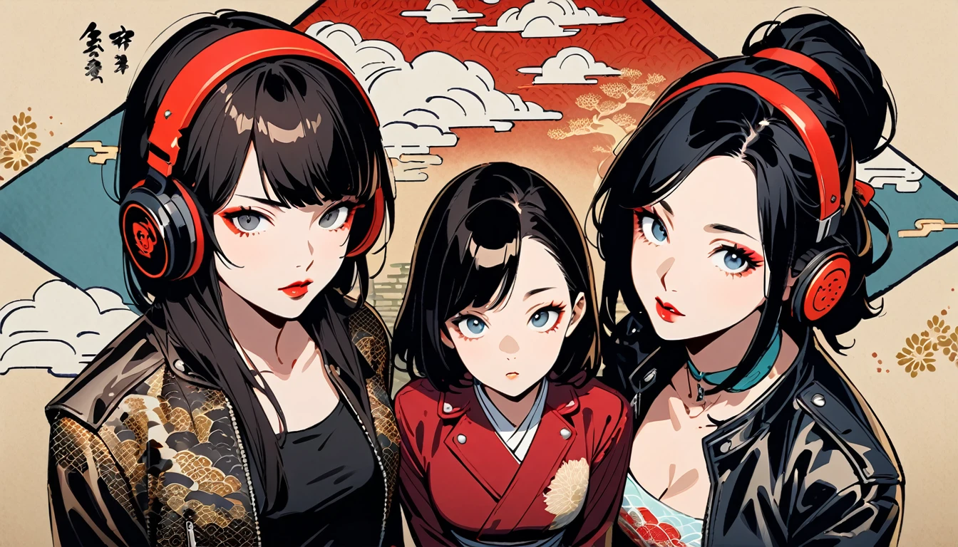 (((Ink Painting))), (((from above))), (((3 women))), (((Leather jacket with Japanese patterns))), (((heavyMetal))), (((Very flashy makeup))), Japanese style headphones, face close-up, front view, Japan人の美少女, Black Hair, Delicate and precise, Modern ukiyo-e style,Japan, Droopy eyes, round face, Glare, Fuller lips, vivid color