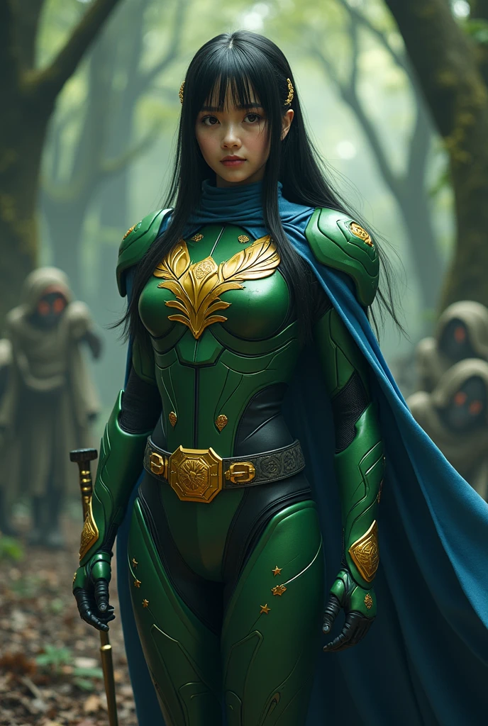 Girl with straight black hair, long to the middle of the back ((Heroine girl))Super hero, armored warrior, green and gold uniform((Robotic uniform)) ((Metallic uniform)), golden breastplate, golden breastplate futurista, eagle-like mask, gold mask, royal blue cape,sexly, ((Supergirl style)) com japanese sword na mão, japanese sword, Eastern sword, in a shady garden ((Lugar sombrio)) (( dark atmosphere)) black forest, dark garden, surrounded by demonic figures ((demonic shadows)) ((demon in the form of black smoke))((Devils))