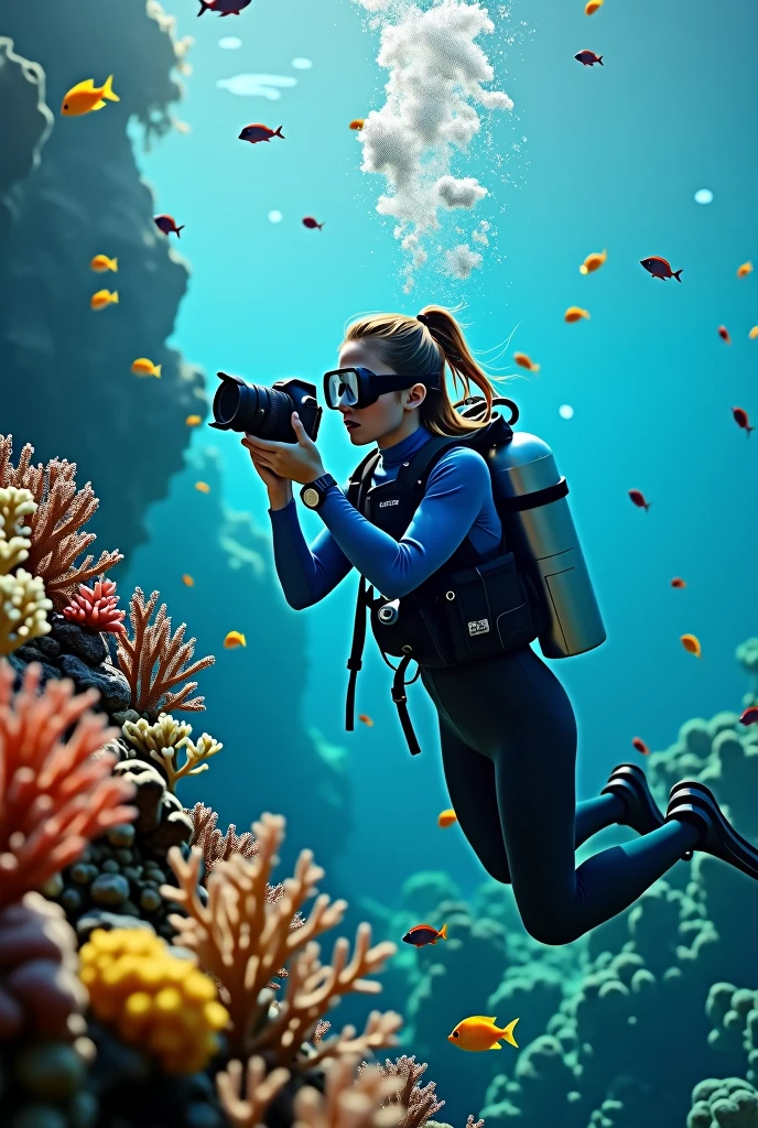 ((Best Quality)), ((masterpiece)), (detailed), 1 girl, diving underwater dressed in a wetsuit, mask, air bottle, breathing through the regulator placed in his mouth, freediving vest and fins, underwater wristwatch, an underwater photography camera with which he takes photos of a fish, in a tropical background full of corals