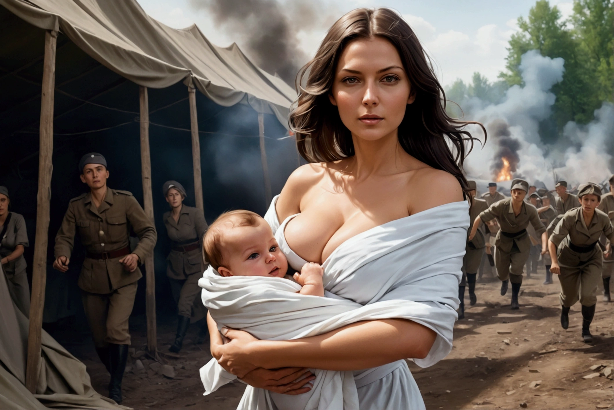 Create a representation of Stanisława Leszczyńska in the midst of war camp, holding a baby, the baby is wrapped in sheets, her clothe is as military nurse, she is running on the midst of war, explosions on her back, his clothes a little torn, full body, sexy body, showing her sexy legs, showing big boobs