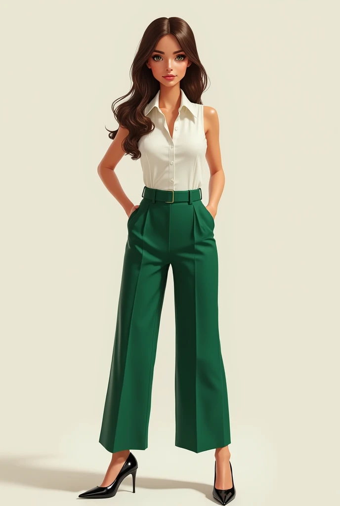Realistic white woman with big eyes and not very long brown hair , with a white sleeveless blouse and green dress pants that are not too wide and with the most important thing:large black heels on her feet visible
