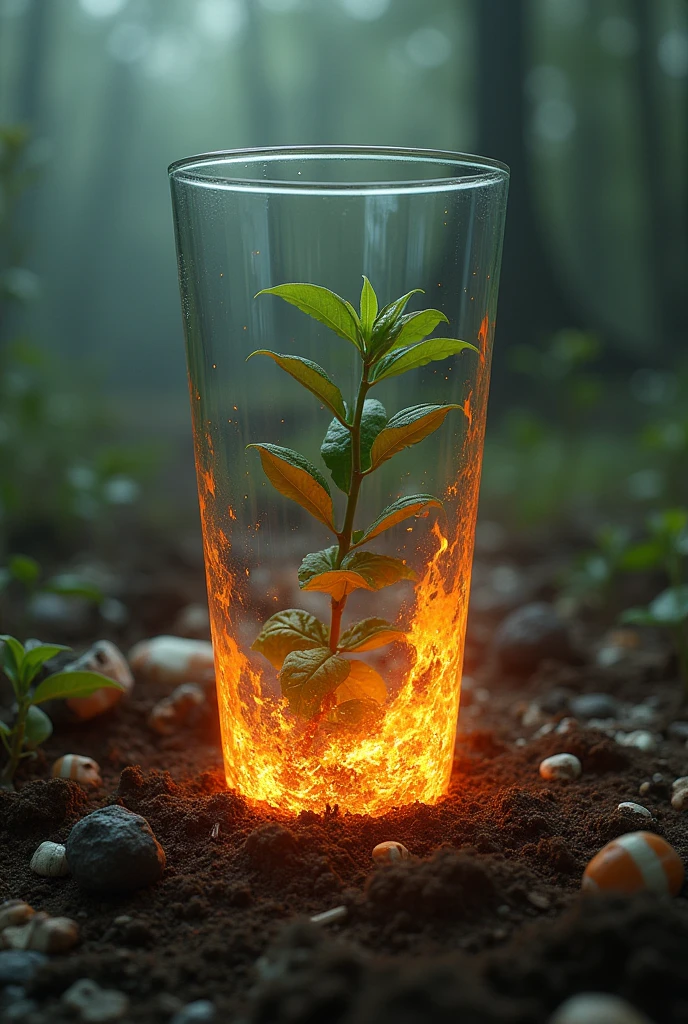 Turn a glass over while you surround a plant with soil and garbage around it., while the outside of the glass catches fire and melts