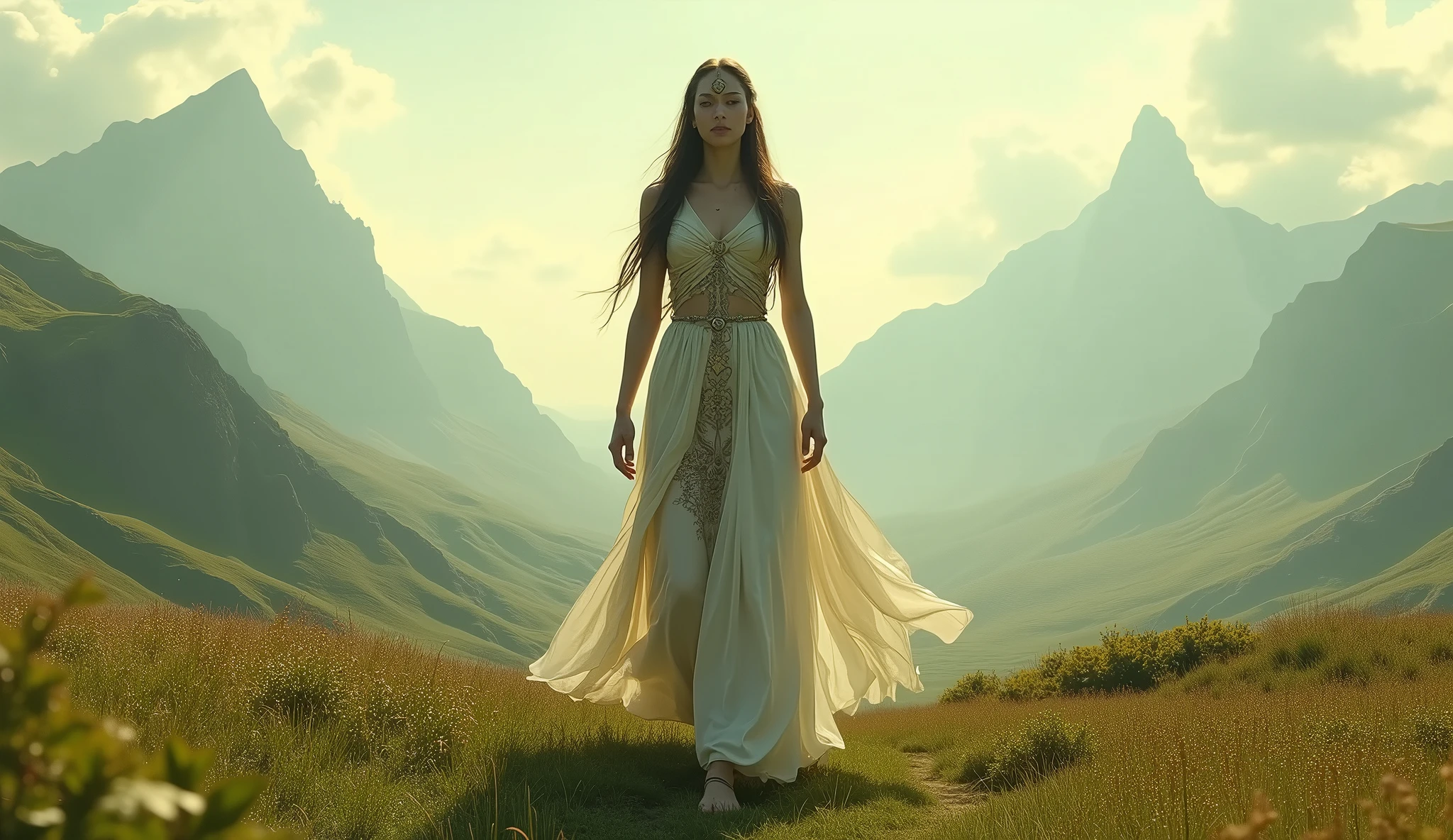 Giant woman walking in the middle of the valley