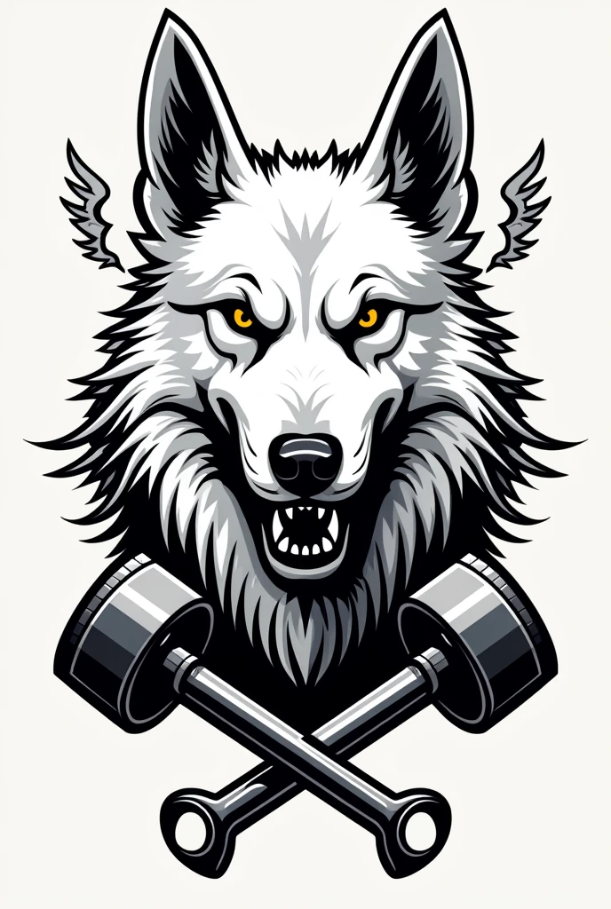 I need a coat of arms for a motorcycle club with an angry white German Shepherd dog in the middle but only his bust, with small wings coming out from behind him on the sides, and two crossed pistons coming out of the bottom of the dog&#39;s head