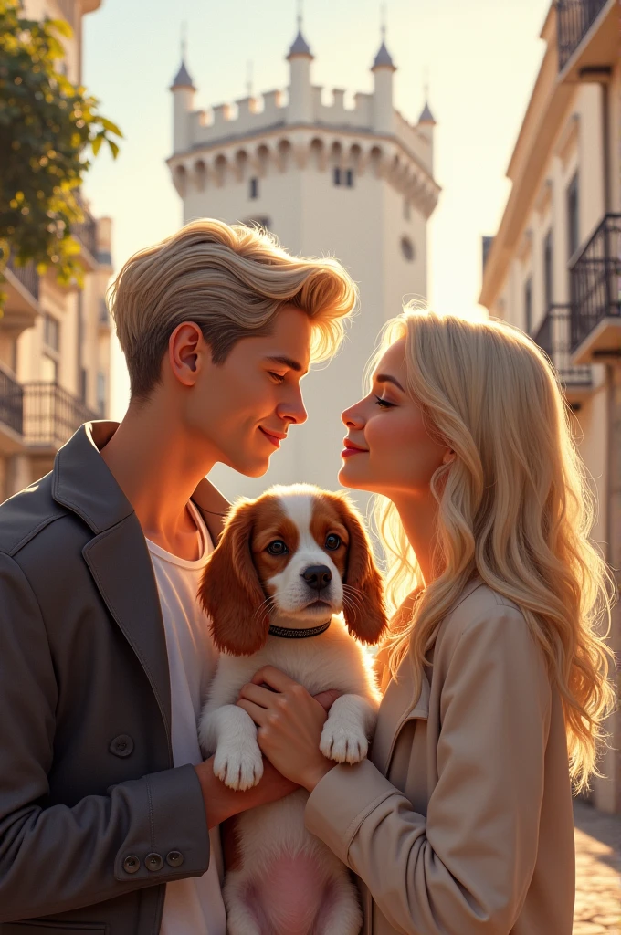 Gay couple , a blond hair, The eyes, light eye, thin face other white, modern blonde hair with gray, with a king cavalier spaniel puppy in portugal, Tower of Belem