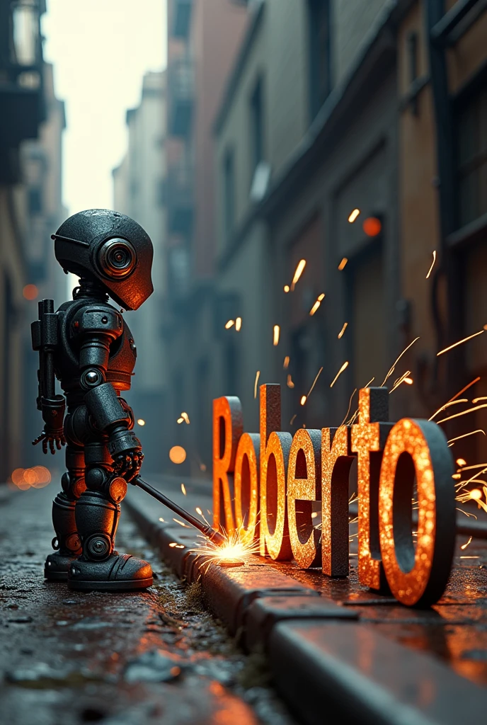 A robot watching and a locksmith welding the name of Roberto, the name that is made of iron and that the weather is daytime and the background is random but that it is seen from another angle does not make the angle look straight 