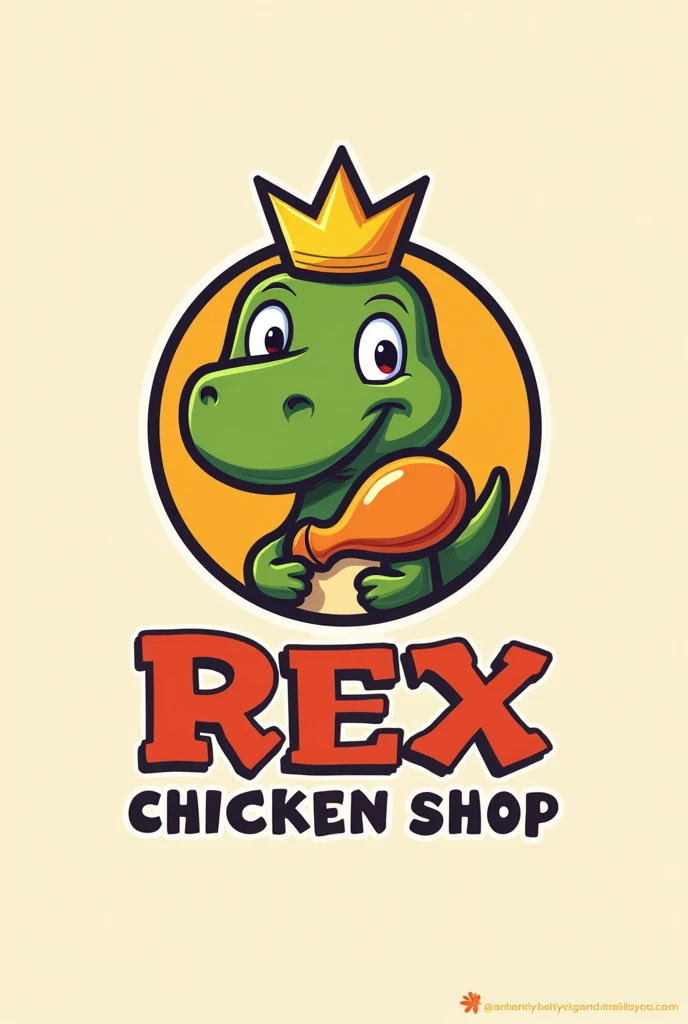 Create me a logo for a chicken shop with the name Rex chicken shop as a representative of this a Rex dinosaur implementing a crown in the background as king of the best chickens and at the same time eating a large chicken leg, make it simpler the annumation, We are just starting with something small