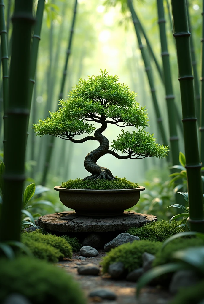 Realistic logo with the image of a bonsai in the middle of a very realistic bamboo forest with the name bamboo cakes