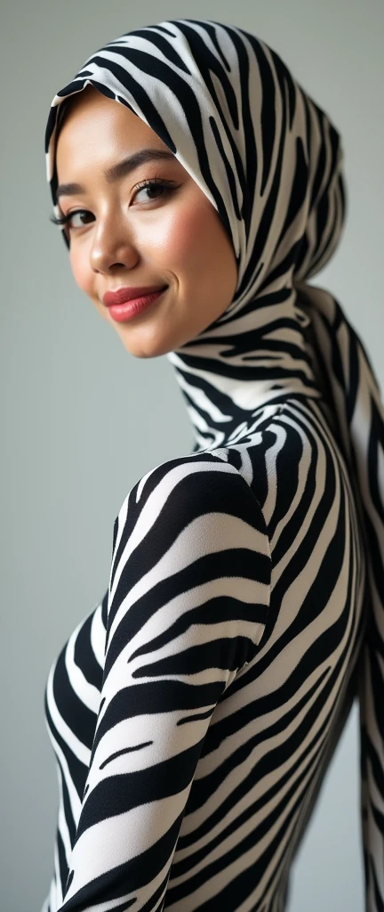 A thin and beautiful asian muslimah muslim woman with beautiful lips wears zebra print lycra turtleneck unitard catsuit.She always wear cotton zebra print hijab.She is my favourite best beautiful teacher.