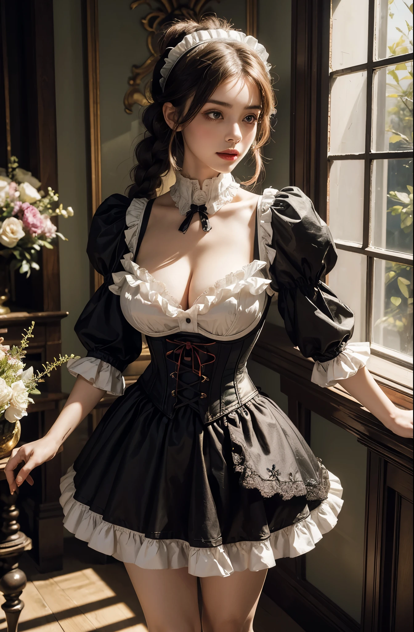 8k, masterpiece, ultra-realistic, best quality, high resolution, high definition,
1girl, ta maid, busty and sexy girl,
break
Victorian fashion, Rococo fashion,
black corset with red ribbon lacing,
White lace details on the sleeves,
Puffed sleeves,
headpiece adorned with flowers,
historical vibe,
historical fashion with fantasy elements,
single braid, lipstick, huge breast, cleavage cutout,
butterfly hair ornament, multicolored hair,
break
background Victorian Castle,
perfect female anatomy, two legs, two feet, two arms,
(Standing), (half body shot),