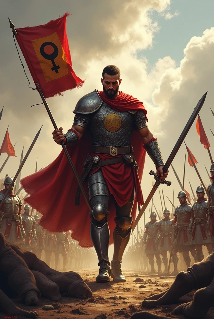 crie uma imagem de um homem vencendo uma guerra com guerreiras derrotadas a sua volta segurando uma bandeira com este símbolo ♂ estampado nela 