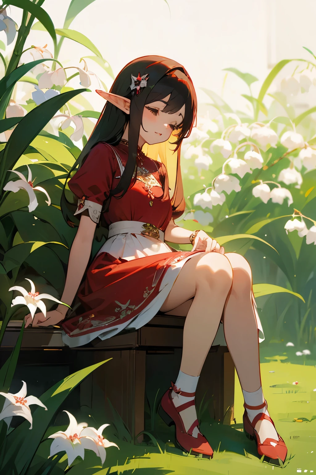 Photorealistic、(Red dress、Elf、sleepy、Mouth slightly open、hair ornaments、Sitting、Cute Shoes)、Lily of the valley hill、night
