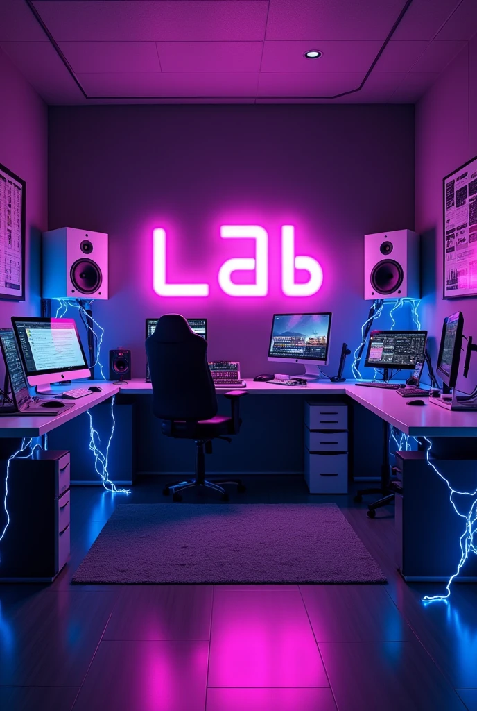 Crie uma logo, futuristic looking background, a closed room with lots of purple lights, yellow and blue. Black and detailed furniture. White and elegant electronics and computers. Electrical energy running through furniture and electronics in a subtle way, circulating the environment.
White speakers in each upper corner of the walls. Music production studio environment.
In the center of the image, The title "LUMINUZ LAB." In neon purple color. highlighted logo, should be the focus of the image. A font that inspires movement and fun. Fagulhas de eletricidade ao redor dThe title. Blue lights in the lower corners of the walls, subtly harmonizing the environment. Environment that inspires comfort and technology combined into one.