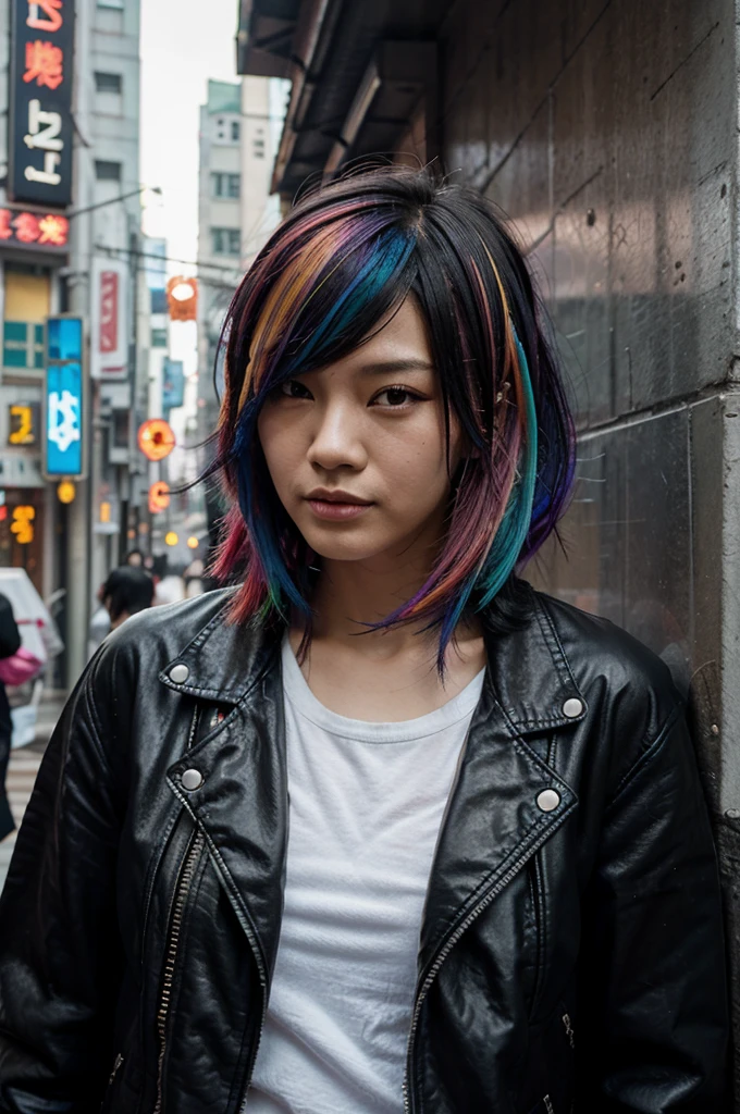 1girl, Chinese, punk,cyberpunk, rain city, china town, leather jacket, multi color hair, leaning against a wall